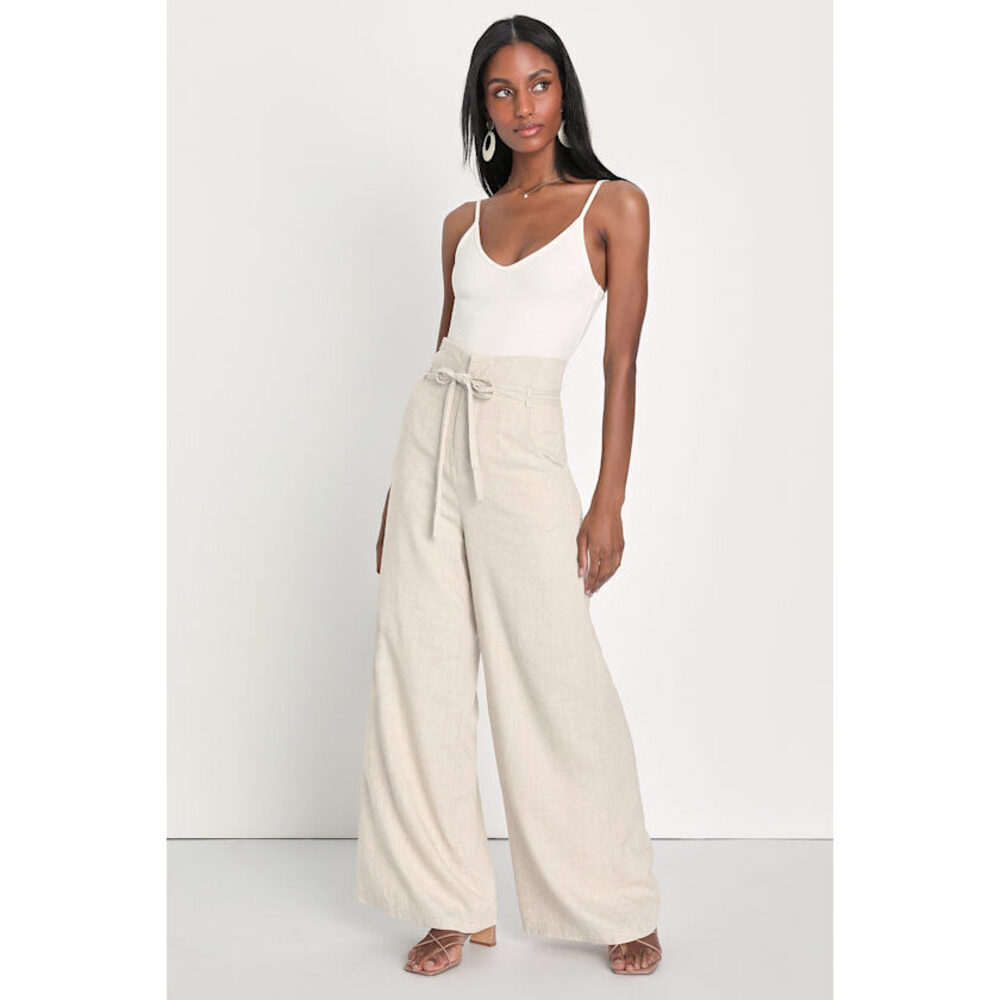 Lulus Day By Day Beige High-waisted Wide Leg Pants - Size M